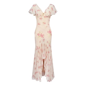 House of CB Ivory Vintage Rose floral maxi dress with V-neckline, flutter sleeves, corseted bodice and hi-low hemline