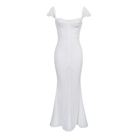 House of CB white ruched maxi dress with sweetheart neckline, cap sleeves, and mermaid hem, ghost mannequin shot