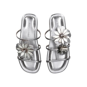 Silver flat sandals with multi-strap design, floral embellishment and bee detail, metallic silver sole, overhead flat-lay view