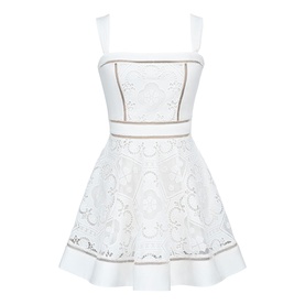 House of CB white mini dress with lace skirt, square neckline, wide shoulder straps and gold-trim panelling detail