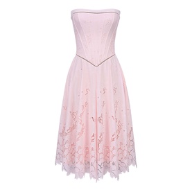 House of CB pink strapless midi dress with boned corset bodice and floral embroidered lace hem skirt