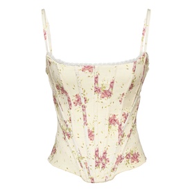 House of CB Ivory Vintage Rose floral corset top with adjustable spaghetti straps and lace trim detailing