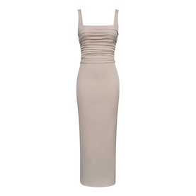 House of CB taupe sleeveless maxi dress with square neckline, ruched bust detail and form-fitting silhouette