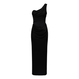 Black one-shoulder ruched maxi dress with asymmetric neckline and fitted silhouette