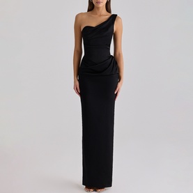 Model wearing black one-shoulder maxi dress with ruched waist detail and fitted column skirt silhouette