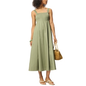 Model wearing Whistles green sleeveless midi dress with square neck and tie straps, styled with gold mini bag and nude sandals.