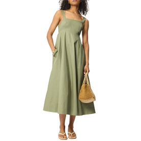 Model wearing Whistles green sleeveless midi dress with square neckline and full skirt, styled with tan sandals and woven bag