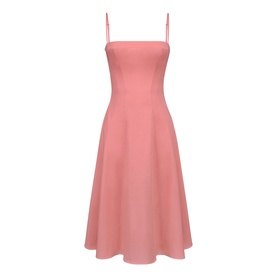 House of CB raspberry midi dress with thin spaghetti straps and fitted bodice, flaring to an A-line skirt