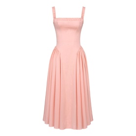 House of CB peach sleeveless midi dress with square neckline, adjustable straps, and pleated full skirt