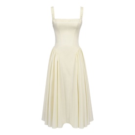 House of CB lemon sleeveless midi dress with square neckline, adjustable straps, and pleated A-line skirt