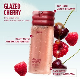 Gisou Glazed Cherry Body Mist bottle with cherries and raspberries, fragrance notes: juicy cherry, fresh raspberry, sweet caramel.