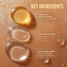 Gisou Body Mist key ingredients graphic showing Mirsalehi Honey Water, Peptide Complex, and Hyaluronic Acid with gel texture swatches