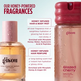 Gisou Honey Infused Hair Perfume and Glazed Cherry Hair & Body Mist bottles displayed with product benefit callouts.