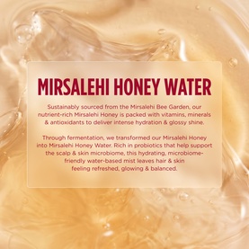 Gisou Mirsalehi Honey Water Body Mist promotional graphic highlighting key ingredients including honey, probiotics, vitamins and minerals.