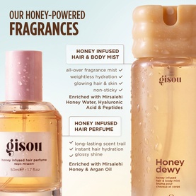 Gisou Honey Infused Hair & Body Mist and Honey Dewy Body Mist displayed together with product benefit text on cream background.