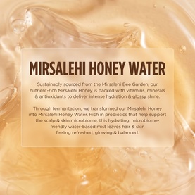 Gisou Mirsalehi Honey Water Body Mist ingredient and benefits text graphic on a golden honey-toned background.