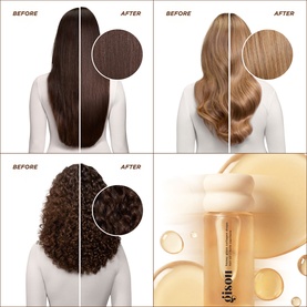 Gisou Hair Oil before and after results on straight, wavy and curly hair, showing enhanced shine and definition, with product bottle
