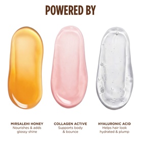 Gisou Hair Oil key ingredients: Mirsalehi Honey, Collagen Active, and Hyaluronic Acid shown as golden, pink, and clear gel swatches.