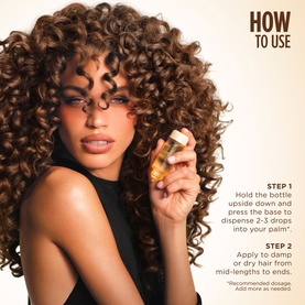 Model with Gisou Hair Oil, holding small bottle, showcasing defined curly hair. How to use instructional image showing application steps.
