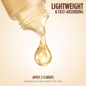 Gisou Hair Oil golden drop dispensing from bottle, with text highlighting lightweight, fast-absorbing formula. Apply 2&ndash;3 drops.