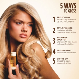 Gisou Hair Oil lifestyle shot showing 5 ways to gloss, with model holding the golden bottle, styled with glossy blonde hair.