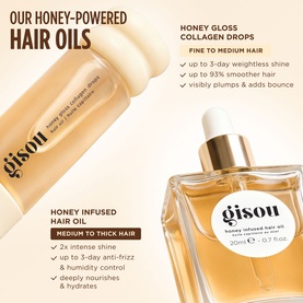 Gisou Honey Infused Hair Oil and Honey Gloss Collagen Drops displayed together with product benefit text overlay.