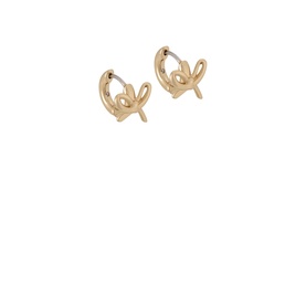 Kate Spade Girlie Pearlie Bow Huggies in gold-tone, huggie-style earrings with scripted bow silhouette and snap-post closure