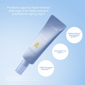 Laneige SPF sun care tube in pale blue packaging with UV protection and anti-ageing benefits, shown on light blue background