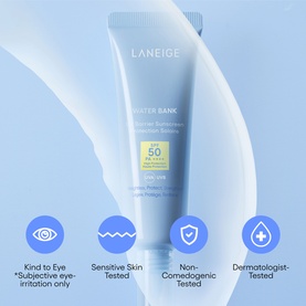 Laneige Water Bank SPF 50 sun care tube in light blue packaging with benefit icons: kind to eye, sensitive skin tested, non-comedogenic,