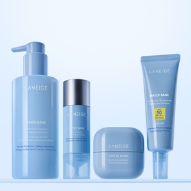 Laneige Water Bank SPF sun care set of four blue products including cleanser, serum, moisturiser and SPF50 sunscreen