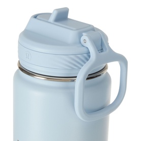 Lululemon water bottle in Starch Blue with flip-top straw lid and carry handle, close-up detail shot
