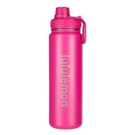 Lululemon water bottle in Pink Flare, insulated stainless steel design with twist-off lid and carry loop