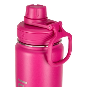 Lululemon water bottle in Pink Flare with flip-top lid, carry handle, and matte finish. Close-up detail shot.