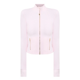 Lululemon jacket in Pink Pearl with gold-tone zip closure and two zip pockets, fitted silhouette with ribbed cuffs and collar