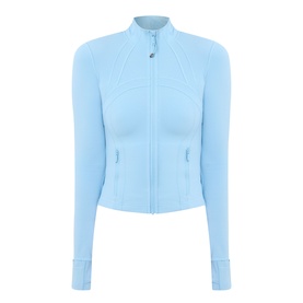 Lululemon seafoam zip-through fitted jacket with mock neck, raglan seams, and thumb holes at cuffs