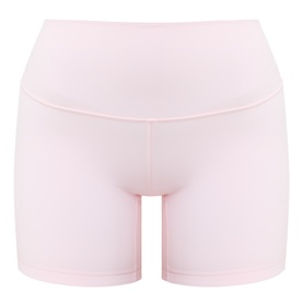 Lululemon Pink Pearl high-rise seamless shorts with wide waistband, flat-lay view