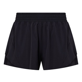 Lululemon black woven shorts with elasticated waistband and side cargo-style pockets, laid flat