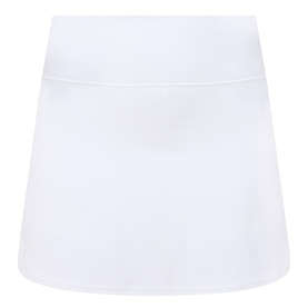 Lululemon white mini skirt with wide fold-over waistband, shown flat against white background.