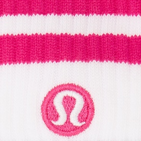 Lululemon socks in White/Pink Flare with stripe pattern and embroidered logo detail, close-up view