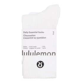 Lululemon Daily Essential Stripe Crew Socks in white, crew length, unisex, packaged single pair with logo label