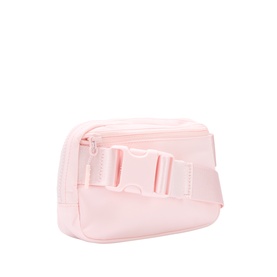 Lululemon Pink Pearl belt bag with rose gold buckle clip, zip pockets, and adjustable nylon strap