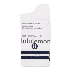 Lululemon Daily Essential Stripe Crew Socks in White/Club Blue, packaged, with navy stripe detail at cuff, crew length, unisex
