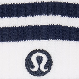 Lululemon Daily Essential Stripe Crew Socks in white with navy blue stripes and embroidered logo detail