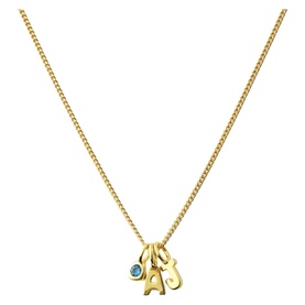 Juvi gold chain necklace with letter A and J initial charms and a small blue gemstone pendant
