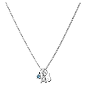 Juvi silver necklace with letter charm and small blue gemstone pendant on fine box chain