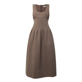 Odd Muse Cinched Pleated Dress in Mushroom, sleeveless with scoop neckline, boned cinched bodice and voluminous pleated midi skirt