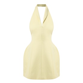 Odd Muse Shawl Zip Sculpted Mini Dress in lemon, featuring V-neckline, shawl collar, front zip and structured silhouette
