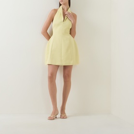 Model wearing Odd Muse Shawl Zip Sculpted Mini Dress in Lemon, featuring shawl collar, V-neckline, sleeveless fit and flare silhouette.