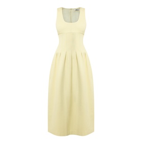 Odd Muse Cinched Pleated Dress in lemon, scoop neckline, sleeveless, boned bodice with pleated voluminous midi skirt