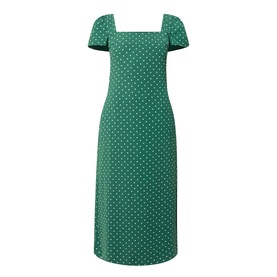 Odd Muse Polka Dot Slip Dress in green polka dot, square neckline, short sleeves, midi length, straight hem